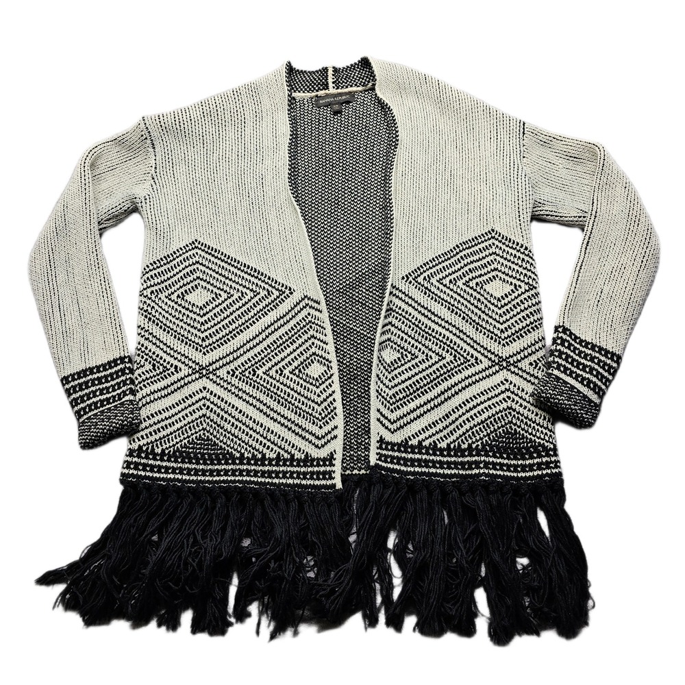 Banana Republic Cardigan Womens XS Black White Geometric Fringe Hem Open Front